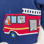 Load image into Gallery viewer, Mini Boden Fire Truck Applique T-Shirt Beacon Blue Fire Engine 6-12 Months
