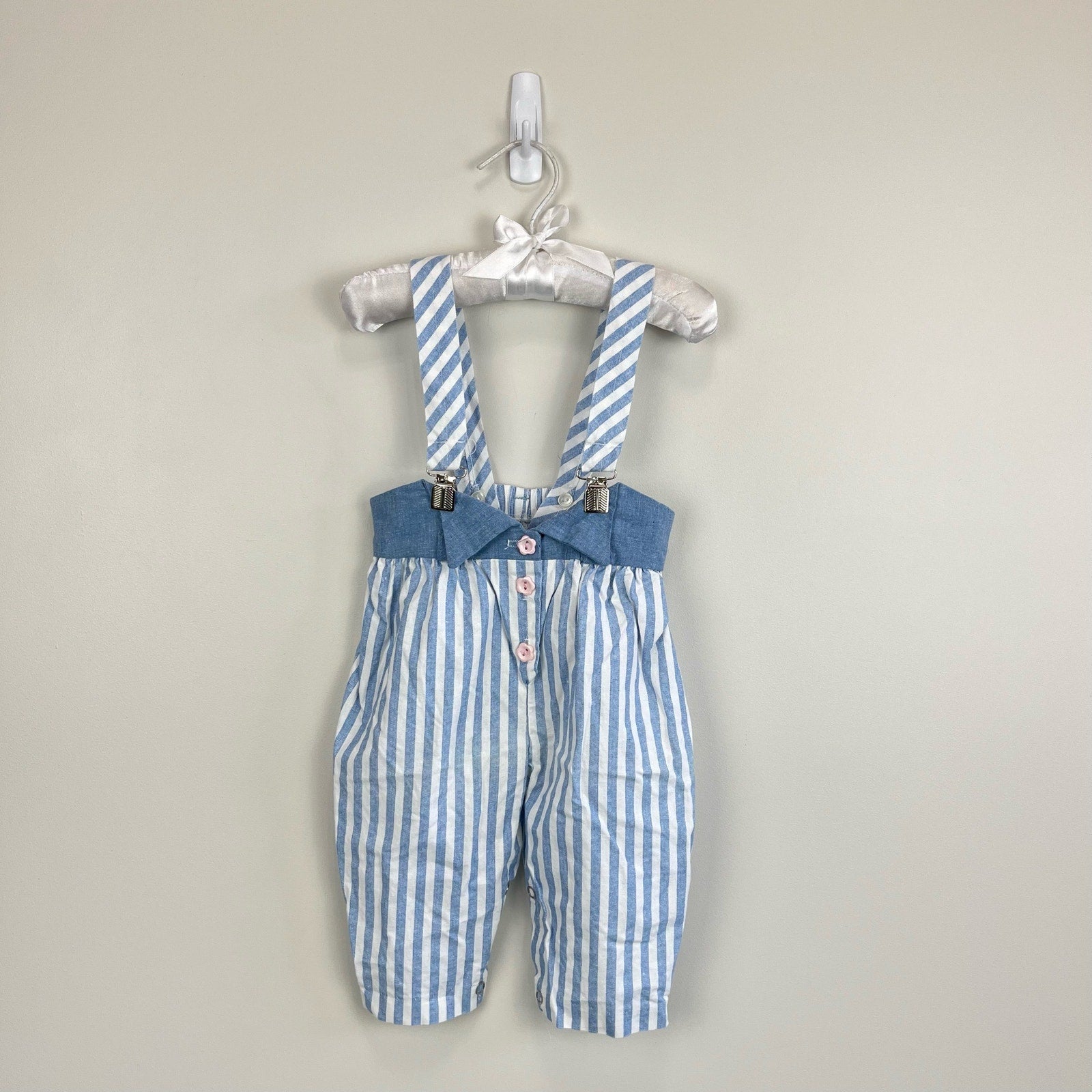 Vintage Blue & White Striped Suspender Pants 12 Months USA