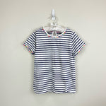 Load image into Gallery viewer, Mini Boden Charlie Navy Stripe Pom Pom Tee 9-10
