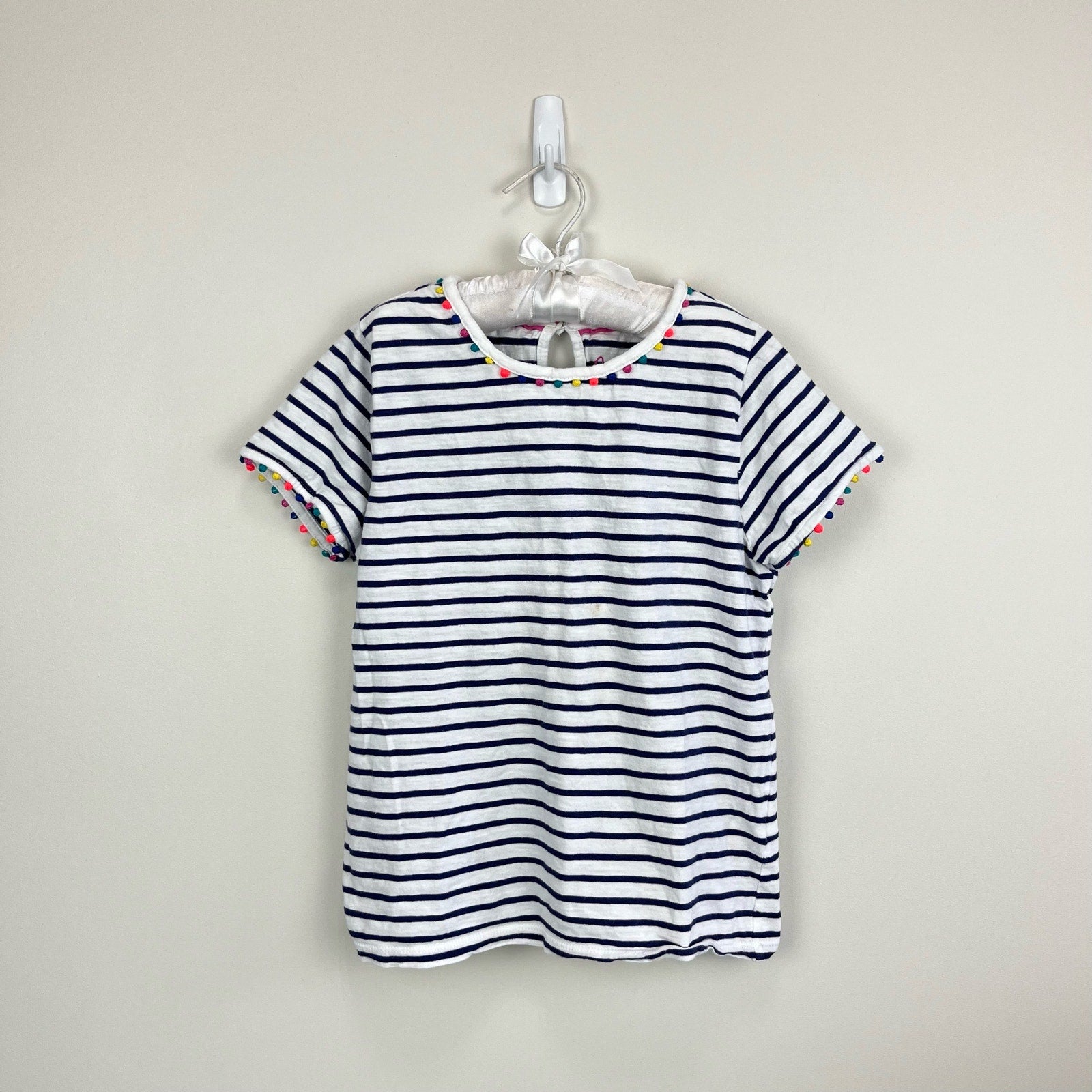 Mini Boden Charlie Navy Stripe Pom Pom Tee 9-10