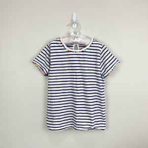 Mini Boden Charlie Navy Stripe Pom Pom Tee 9-10