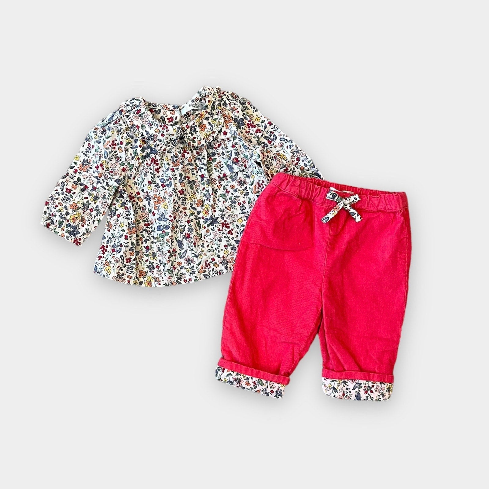 Mini Boden Cozy Pink Corduroy Pants & Floral Blouse 0-3 Months