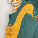 Load image into Gallery viewer, JoJo Maman Bebe Khaki Diplodocus 2-Piece Appliqué Dungarees &amp; T-Shirt Set 3-6 Months NWT
