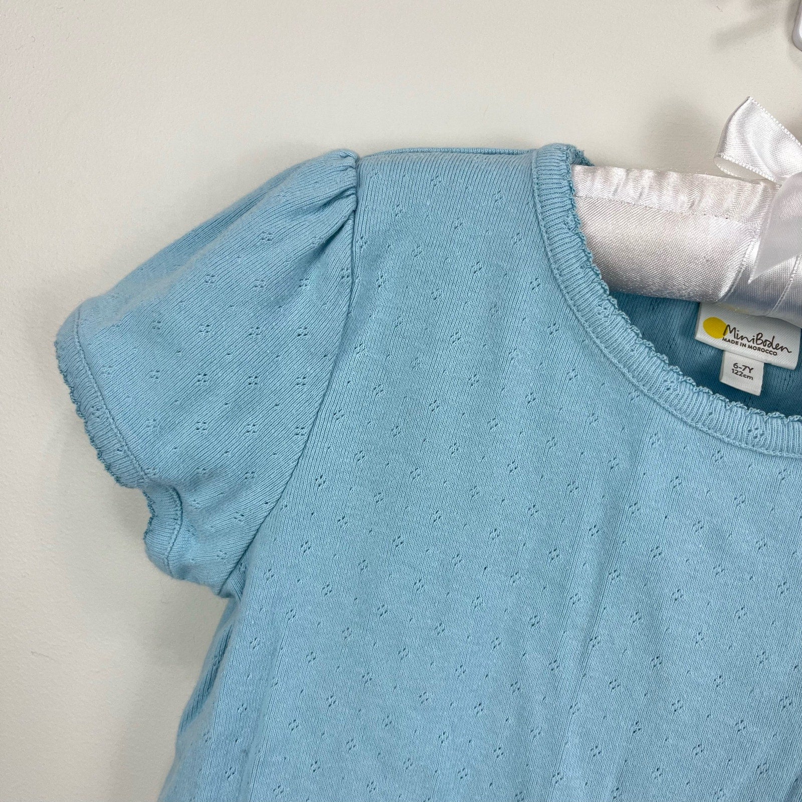 Mini Boden Short Sleeve Pointelle Top Light Celeste Blue 6-7 Years