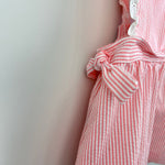 Load image into Gallery viewer, Vintage Bee Mine Pink Seersuck Stripe Lace Ruffle Pinafore Dress 3T
