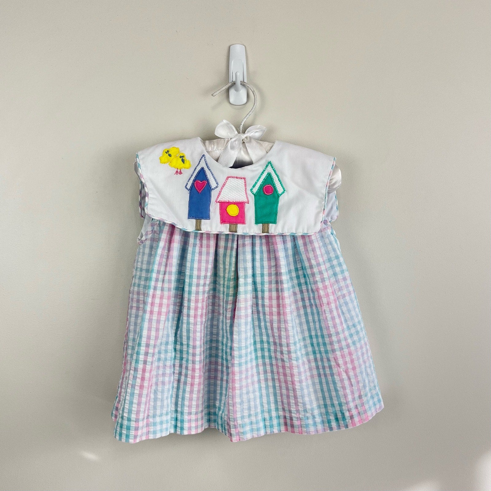 Vintage Samara Pastel Plaid Seersucker Bird House Dress 18 Months