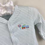 Load image into Gallery viewer, Kissy Kissy Blue Striped Train Footie 0-3 Months
