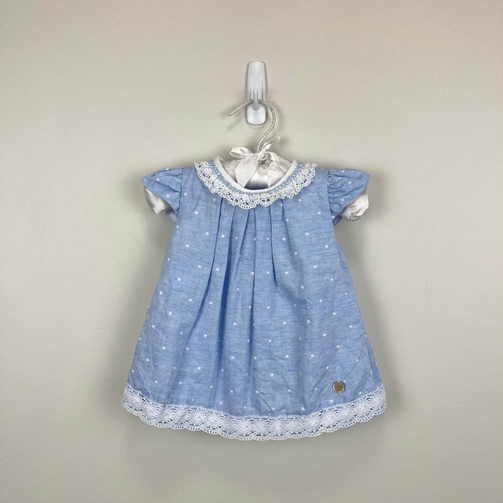 Paz Rodriguez Blue Dot Dress with Lace 3 Months