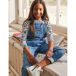 Load image into Gallery viewer, Mini Boden Fun Overalls Light Vintage Denim Rainbow 8-9 NWOT
