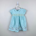 Load image into Gallery viewer, JoJo Maman Bebe Embroidered Aqua Smocked Seersucker Dress 6-12 Months
