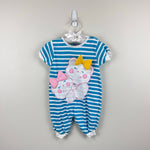 Load image into Gallery viewer, Vintage Hopscotch Blue Striped Teddy Bear Bow Romper 0-6 Months
