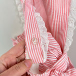 Load image into Gallery viewer, Vintage Bee Mine Pink Seersuck Stripe Lace Ruffle Pinafore Dress 3T
