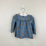 Load image into Gallery viewer, Mini Boden Long Sleeve Ruffle Teddy Bear Blouse Blue 6-12 Months
