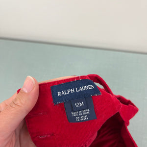 Ralph Lauren Red Corduroy Puppy Basket Ruffle Collar Dress Set 12 Months