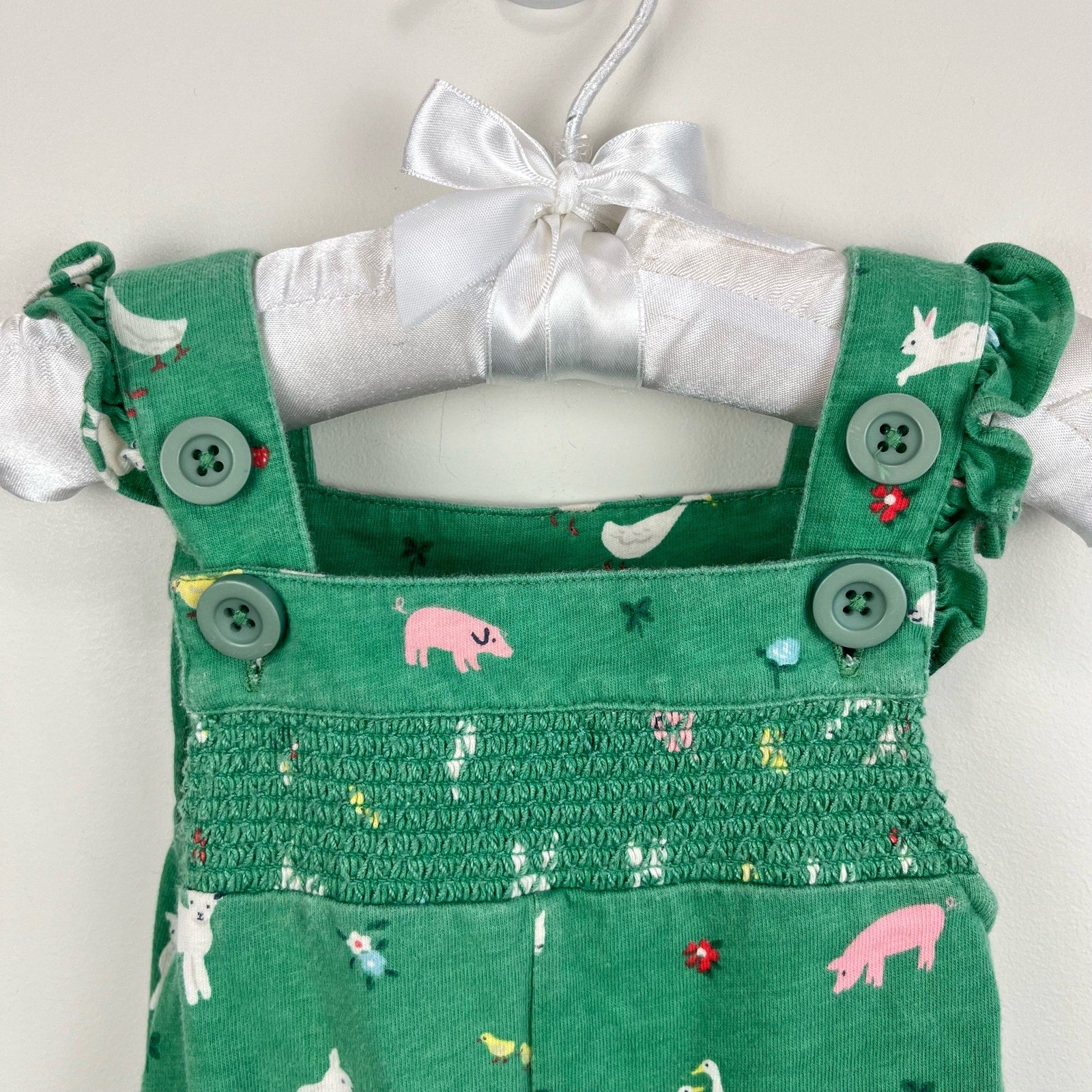 Mini Boden Baby Farm Animal Print Smocked Dungaree Green 12-18 Months