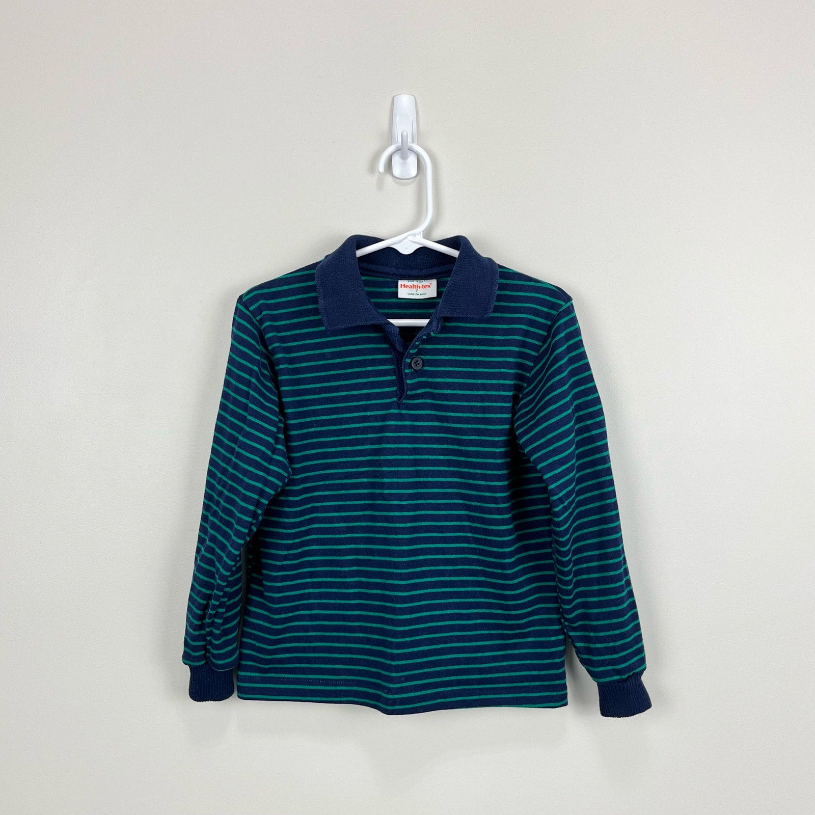 Vintage Healthtex Navy & Green Striped Polo Shirt 7 USA