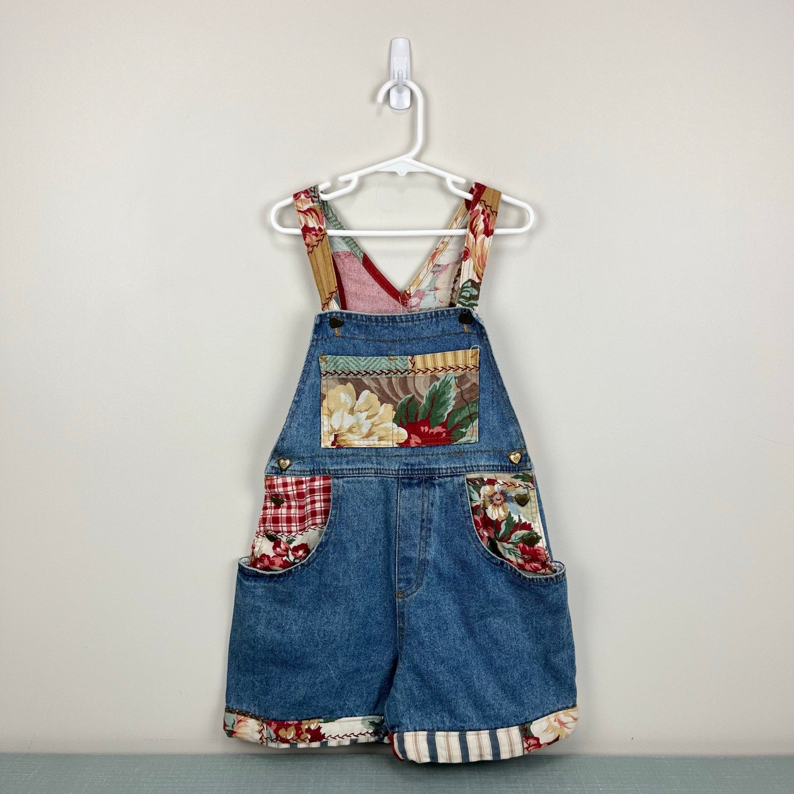 Vintage SWAT Kids Floral Patch Denim Shortalls 7 USA