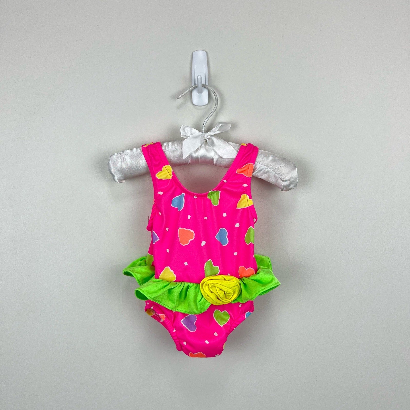 Vintage Pink Polka Dot Heart Ruffle Bathing Suit 12 Months USA