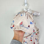 Load image into Gallery viewer, Mayoral Printed Two Piece Dungarees and Sun Hat Set 6-9 Months
