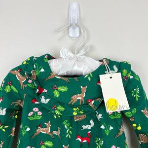 Mini Boden Shady Green Festive Woodland Ruffle Jersey Dress 3-6 Months NWT