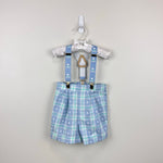 Load image into Gallery viewer, Vintage Blue Green Plaid Teddy Bear Suspender Shorts 18 Months USA
