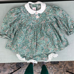 Load image into Gallery viewer, Vintage Janes Green Paisley Floral Lace Dress &amp; Bloomers Set Baby Girl
