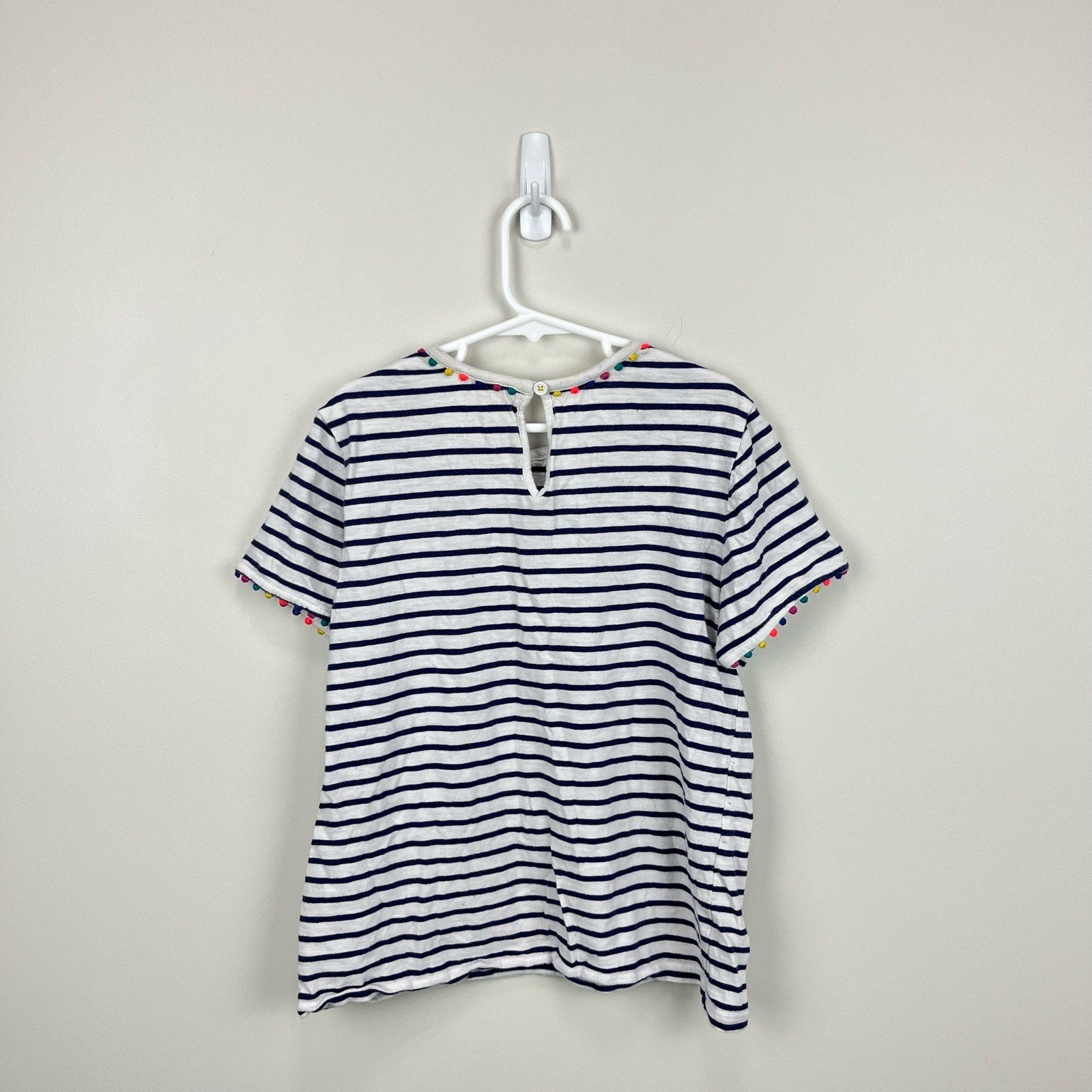 Mini Boden Charlie Navy Stripe Pom Pom T-Shirt 11-12