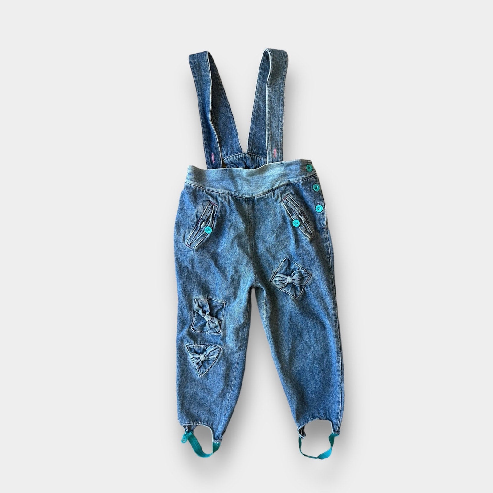 Vintage Happy Kids Blue Jean Bow Suspender Overalls 4T