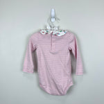 Load image into Gallery viewer, Mini Boden Pink Stripe Ruffle Collar Bodysuit 18-24 Months
