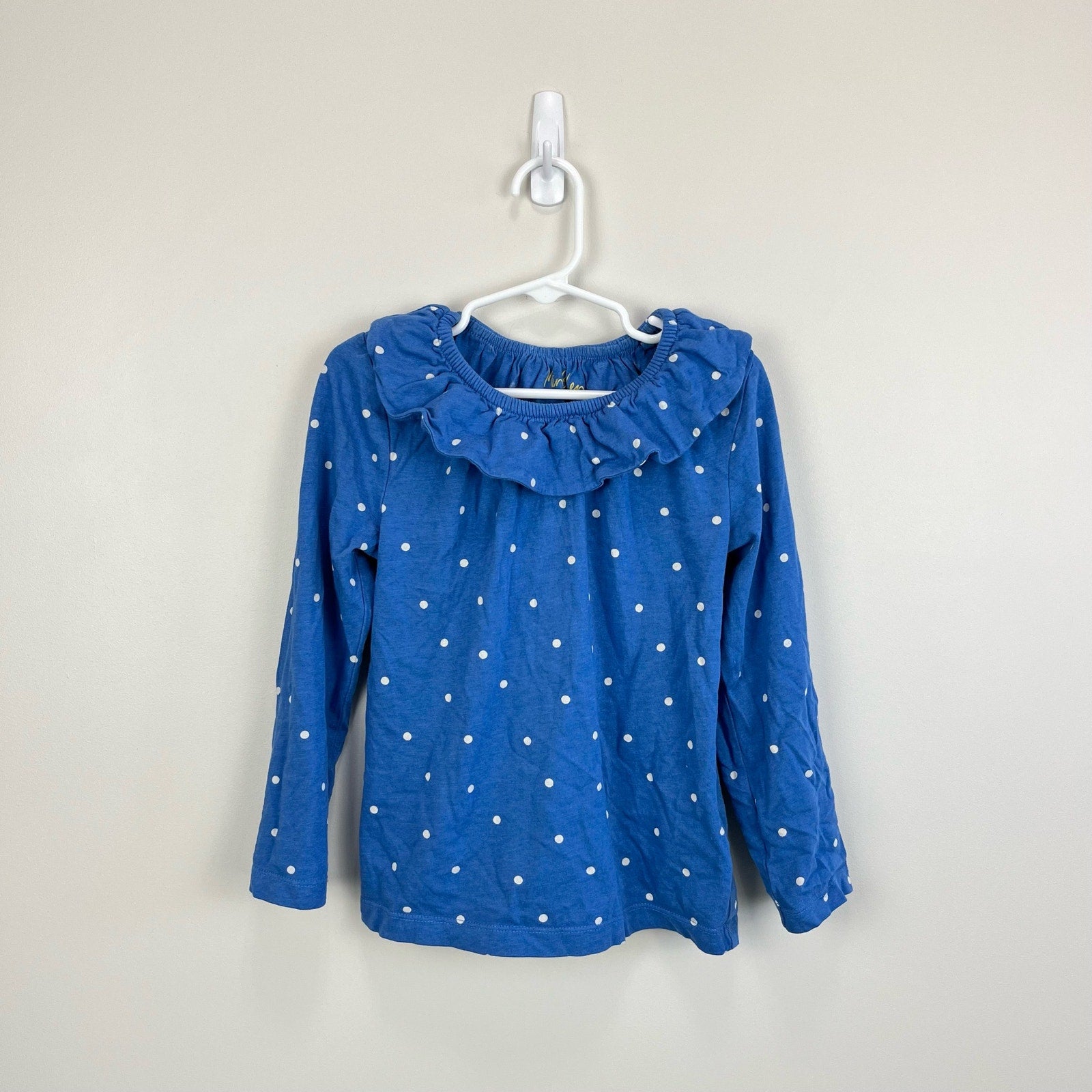 Mini Boden Elizabethan Blue Spot Ruffle Neck Top 6/7