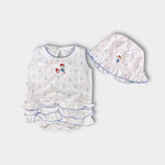 Load image into Gallery viewer, Magnolia Baby Ruffle Bubble Romper &amp; Sun Hat Paris Print 6 Months
