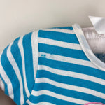 Load image into Gallery viewer, Vintage Hopscotch Blue Striped Teddy Bear Bow Romper 0-6 Months

