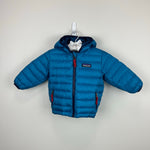 Load image into Gallery viewer, Patagonia Boys' Reversible Down Sweater Hoody Jacket Balkan Blue 6-12 Months

