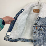 Load image into Gallery viewer, Vintage Levi's Acid Wash Sherpa Lined Orange Tab Denim Jacket 6 USA

