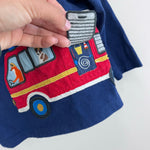 Load image into Gallery viewer, Mini Boden Fire Truck Applique T-Shirt Beacon Blue Fire Engine 6-12 Months
