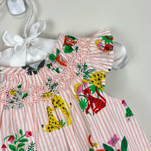 Mini Boden Stripy Smocked Dress in Boto Pink Jungle Print 3-6 Months NWOT