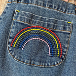 Load image into Gallery viewer, Mini Boden Fun Overalls Light Vintage Denim Rainbow 8-9 NWOT
