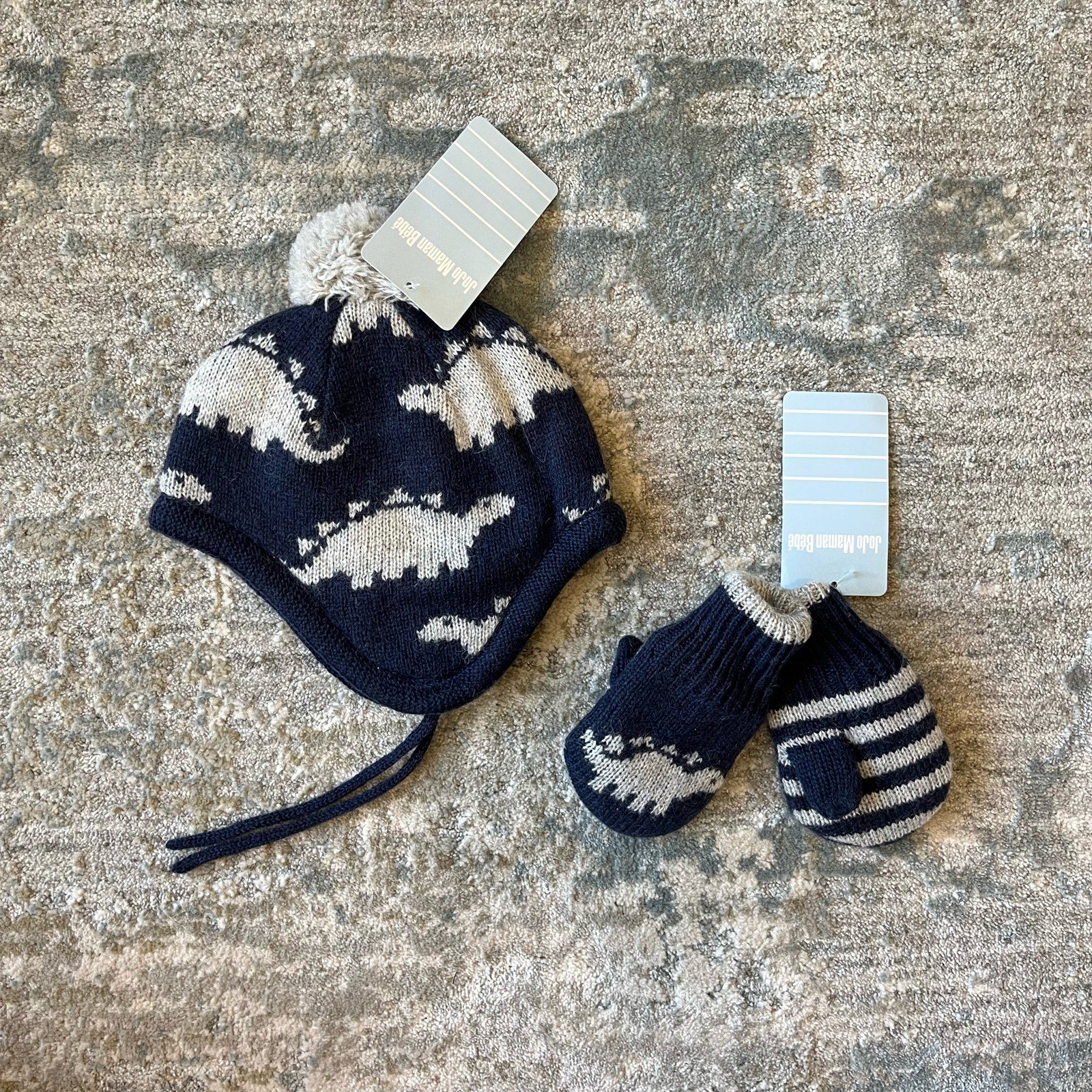 JoJo Maman Bebe Navy Dinosaur Hat & Mittens Set 0-12 Months NWT