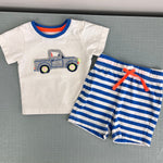 Load image into Gallery viewer, Mini Boden Jersey Short Set Blue Stripe Applique Truck 0-3 Months
