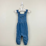 Load image into Gallery viewer, Mini Boden Chambray Ruffle Heart Dungarees 12-18 Months
