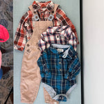 Load image into Gallery viewer, Me &amp; Henry Corduroy Overalls and Plaid Bodysuits Bundle 9-12 Months
