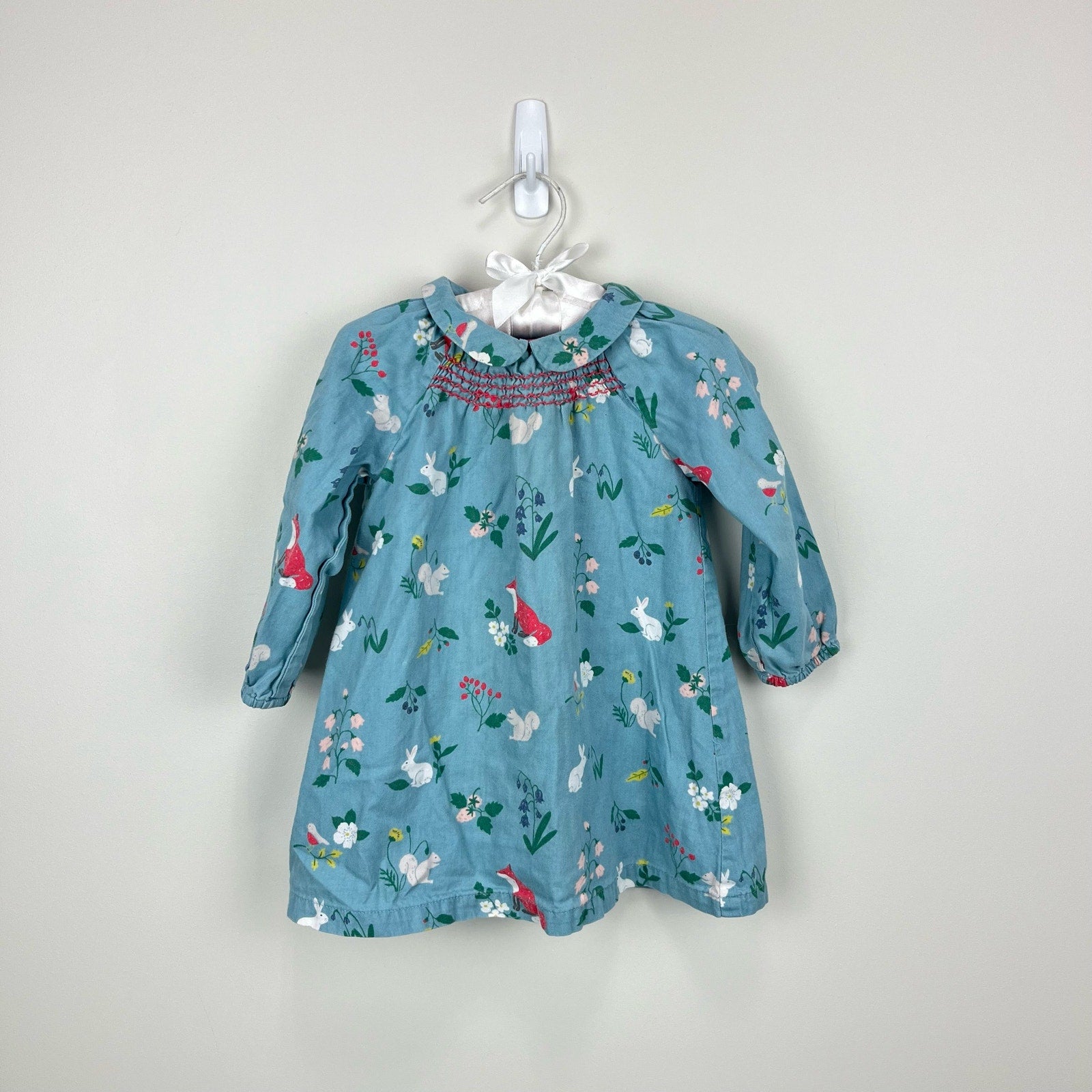 Mini Boden Smocked Blue Woodland Peter Pan Collar Dress 12-18 Months