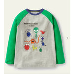 Load image into Gallery viewer, Mini Boden Glowing Space Raglan T-shirt Grey Marl/Green Aliens 6-7
