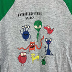 Load image into Gallery viewer, Mini Boden Glowing Space Raglan T-shirt Grey Marl/Green Aliens 5-6
