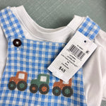 Load image into Gallery viewer, JoJo Maman Bebe Blue 2-Piece Tractor Gingham Dungarees &amp; T-Shirt Set 3-6 Months NWT
