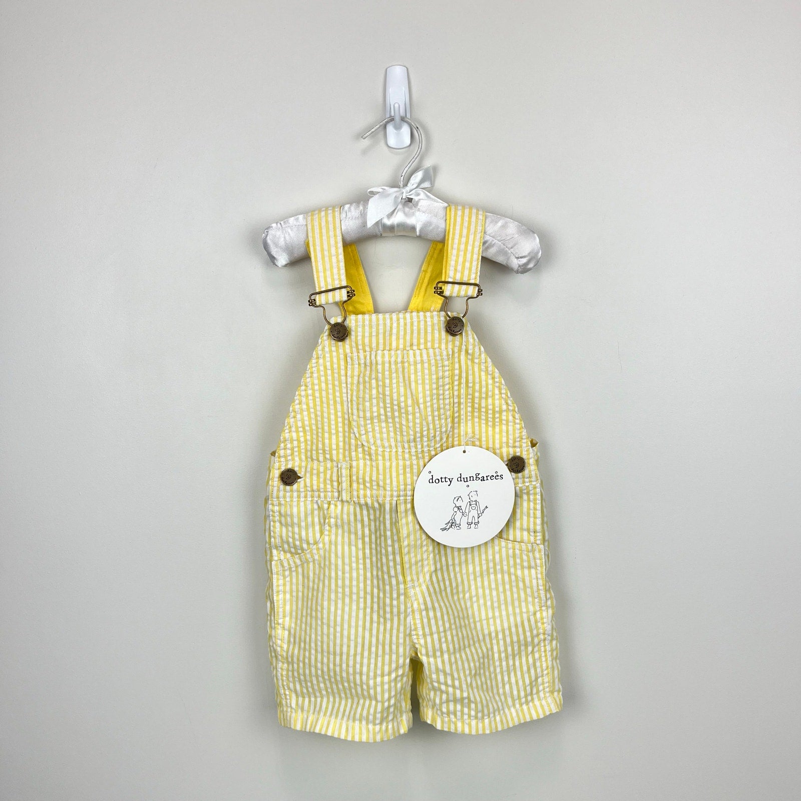 Dotty Dungarees Yellow Seersucker Shorts Overalls 18-24 Months NWT