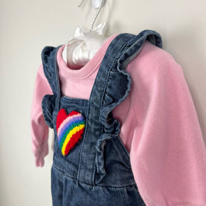 Hanna Andersson Rainbow Heart Ruffle Denim Overalls Set 60 cm 3-6 Months