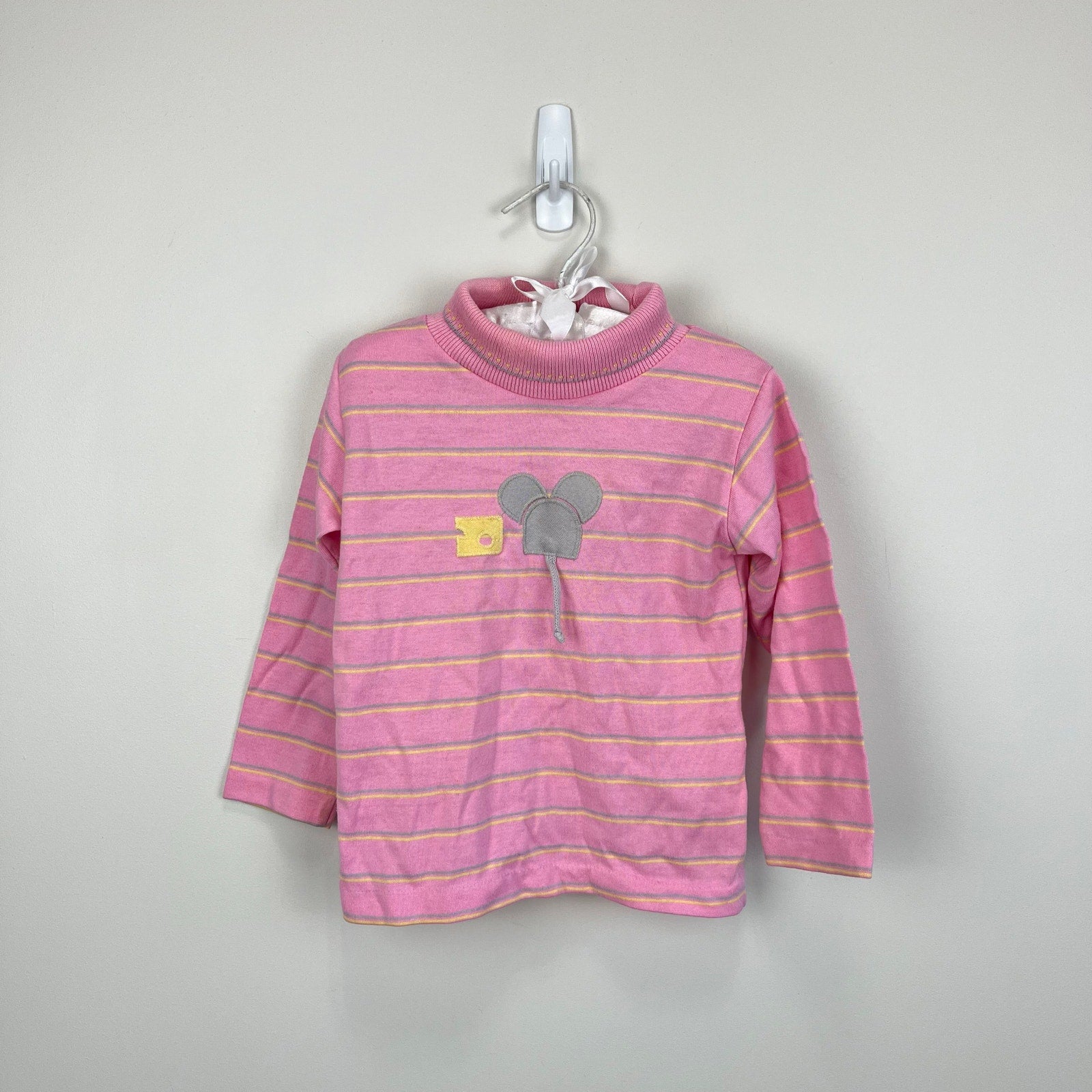 Vintage Healthtex Pink Stripe Applique Mouse Turtleneck Top 4T USA