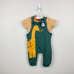 Load image into Gallery viewer, JoJo Maman Bebe Khaki Diplodocus 2-Piece Appliqué Dungarees &amp; T-Shirt Set 3-6 Months NWT
