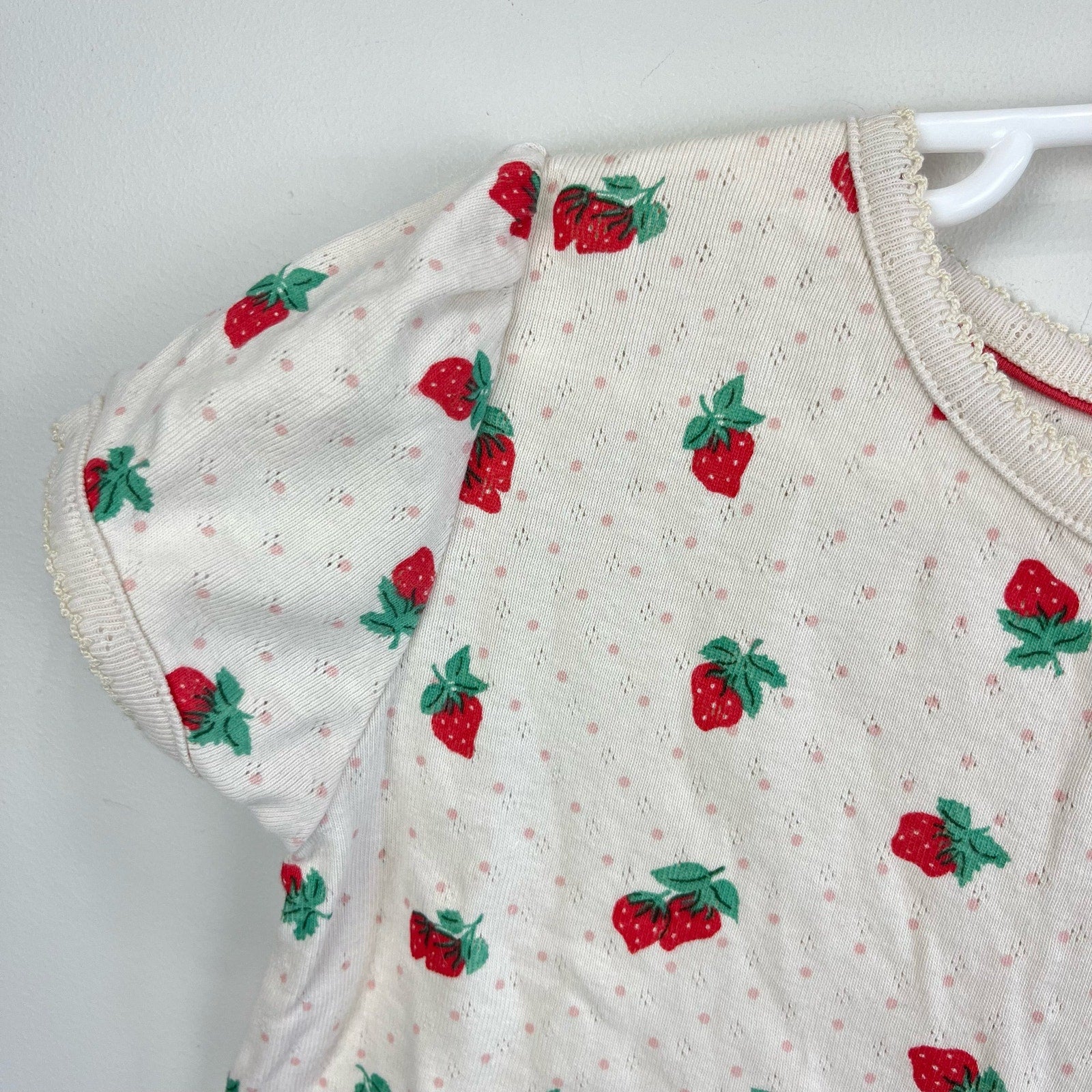 Mini Boden Short Sleeved Pointelle Top Ivory Strawberries 8-9